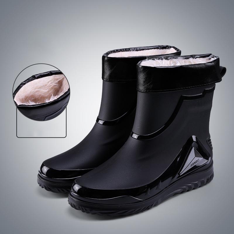 Fashion Drawstring Rain Boots Men's Non Slip Mid Tube Water Shoes Rain Boots Plus Velvet Warm Rubber Shoes Closed Work Short Tube Water