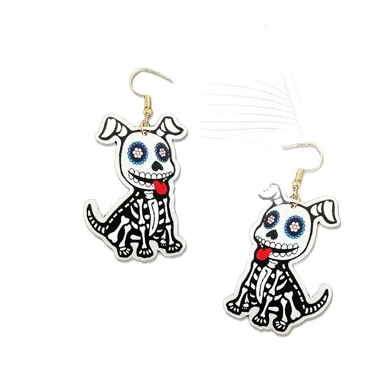 Cross-border new skeleton dog earrings gothic horror style flat acrylic Halloween animal earrings ornaments