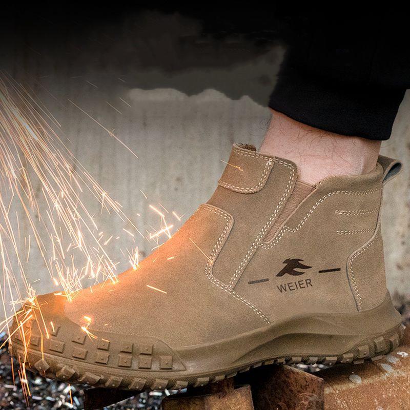 Mens Fashion Steel Toe Covers Work Safety Boots Slip-on Cow Suede Leather Welding Shoes Worker Chelsea Security Botas Protection