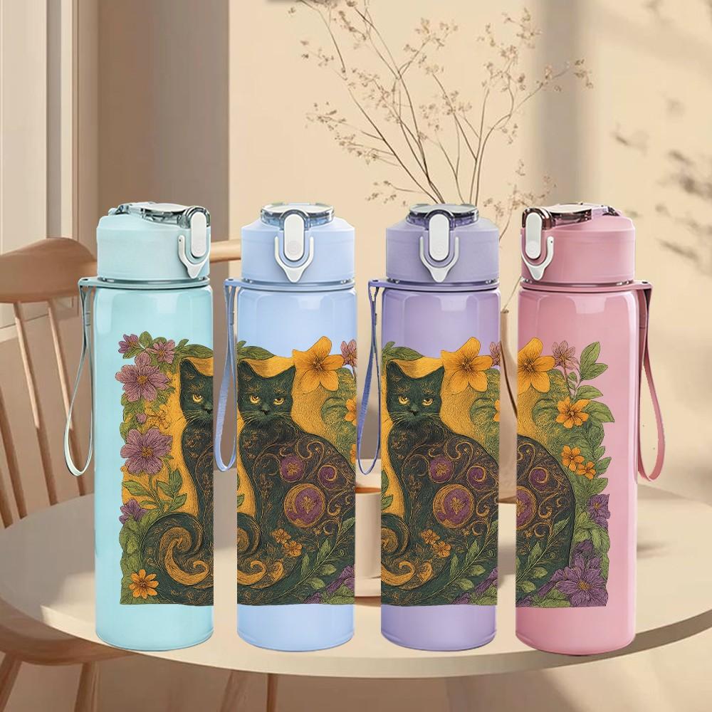 1PC Black Cat Wild Floral Frame 750ml Color Plastic Sports Water Bottle Leakproof Flip Straw Lid Suitable for Sports Office Home Use