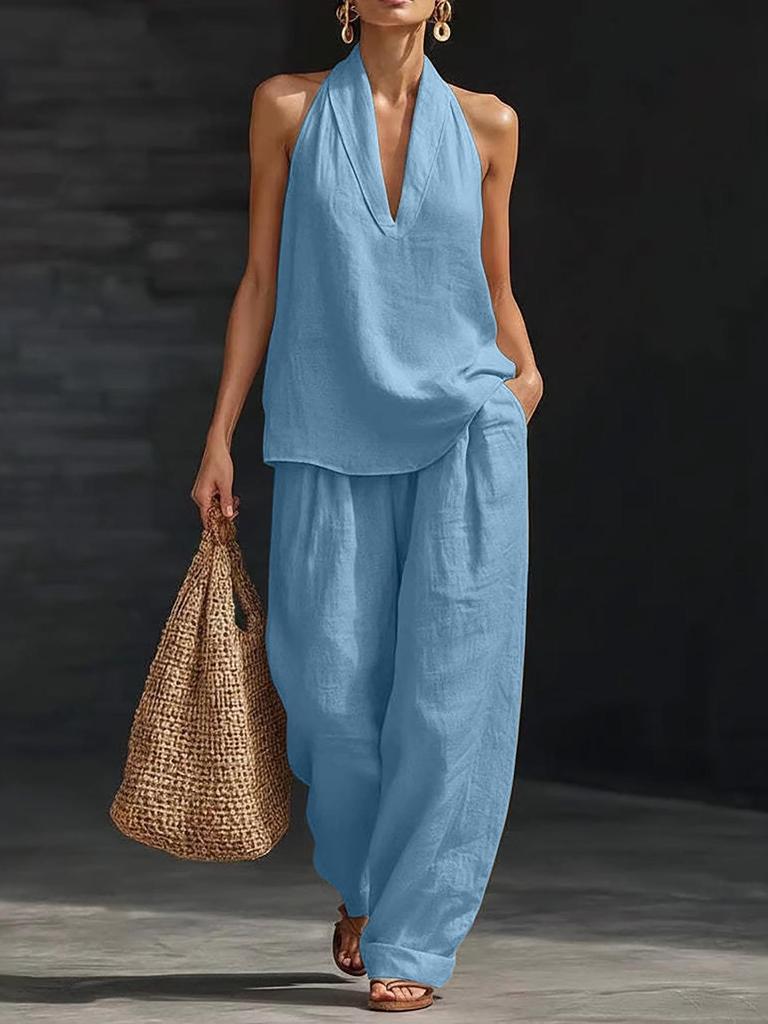 European & American Plus Size Halter V-neck Cotton Linen Blend Camisole