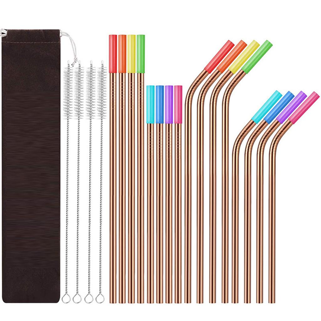 21 Piece Stainless Steel Straw Set with Silicone Tips and Cleaning Brushes Reusable Metal Straws for Cold and Hot Beverages Includes Carrying Pouch
