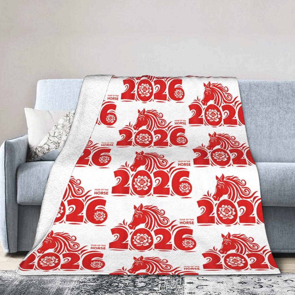 Year of the Horse Chinese New Year Blanket Wool Throw Blanket Bedroom Sofa Personalised Ultra-Soft Warm Bedsprea,