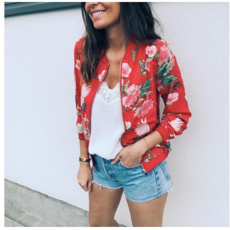 Women's Casual Floral Zip Up Bomber Jacket Coat Stand Collar Lightweight Short Outwear Tops New Round Neck Printed Fashion Zipper Jacket