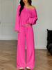 European & American Women's Solid Color Long Sleeve Top & Wide Leg Pants Two-Piece Casual Set - Spring Lazy Style