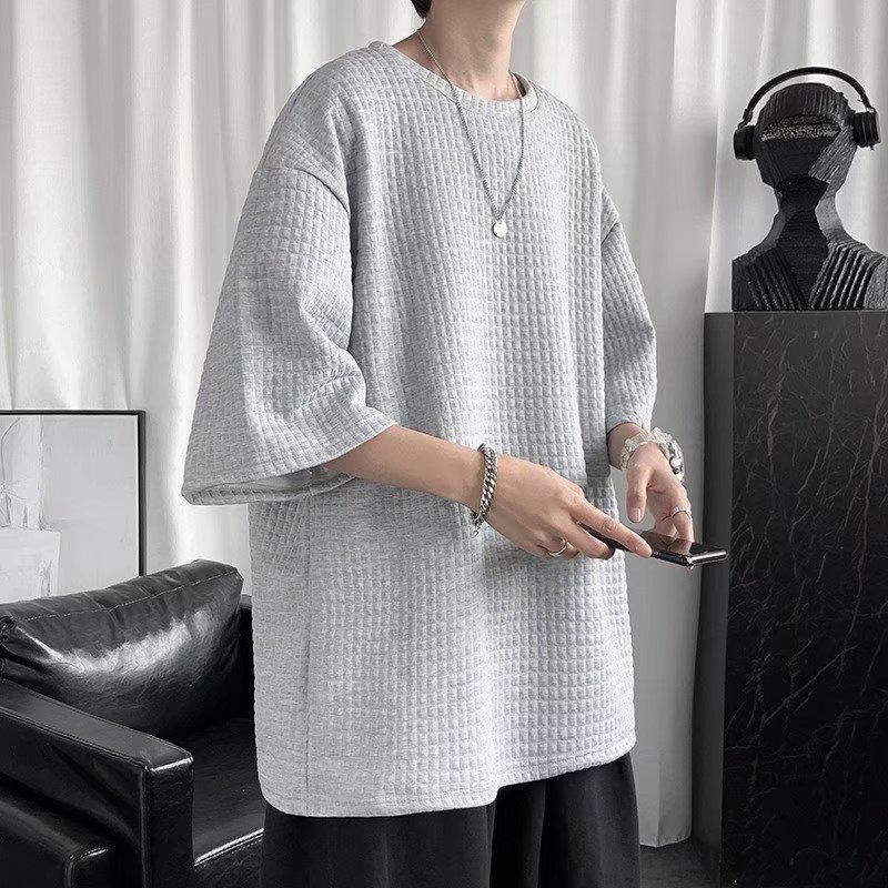 Men's Solid Color Waffle T-Shirt, Hong Kong Style, Short-Sleeved, Korean Trend, Loose Fit, Five-Point Sleeve.