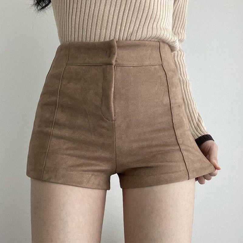 

Women s High-Waisted Brown Suede Shorts – Spring & Autumn, Elastic, Tight-Fit, Hip-Hugging, Black, Casual, New Style 2026 L for 110-125 jin легкие хаки