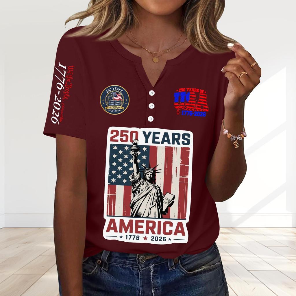 Women's Fashion Casual 250th Anniversary Independence Day Print V-Neck Short Sleeve Decorated Button-Up T-Shirt