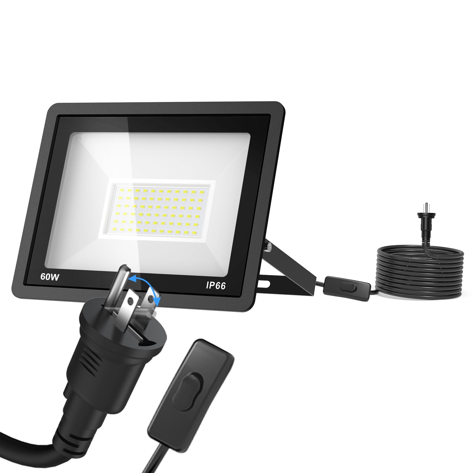 

Coizabera Outdoor LED Floodlight, 60W [Equipped with Independent Switch and 3-Pin2-Pin Plug Switchable], 6500K Daylight White, 11,000LM, High