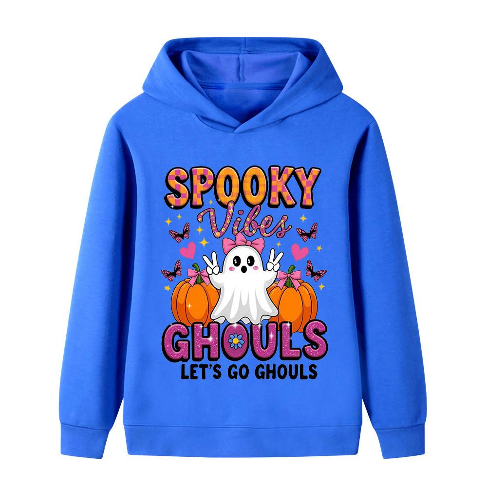 Warm Children Hooded Pullover, Lovely Ghost Pumpkin And Colorful Halloween Text Graphic, Autumn Winter Long Sleeve Sweatshirt For Kids Casual Outfit