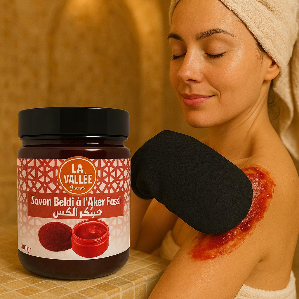 Moroccan Black Soap with Aker Fassi (Poppy & Pomegranate) 200g + Kessa Glove + Pumice Stone – Brightening & Anti-Aging Hammam Set
