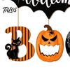 Wall Hanging Party Decoration Halloween BOO Door Sign, Spooky Bat Welcome Wooden Ghost Pumpkin Decorative Sign Black Cat Hanger Ornaments for