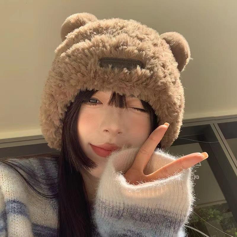 Cute bear plush knitted hat children autumn and winter thickened warm bald hat imitation fur pullover basin hat