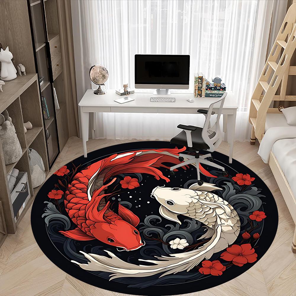 1pc Koi Fish Yin Yang Office Round Area Rug, Indoor Mat Suitable For Office, Under Office Chairs Bedroom Living Room Home Decor, Room Deco