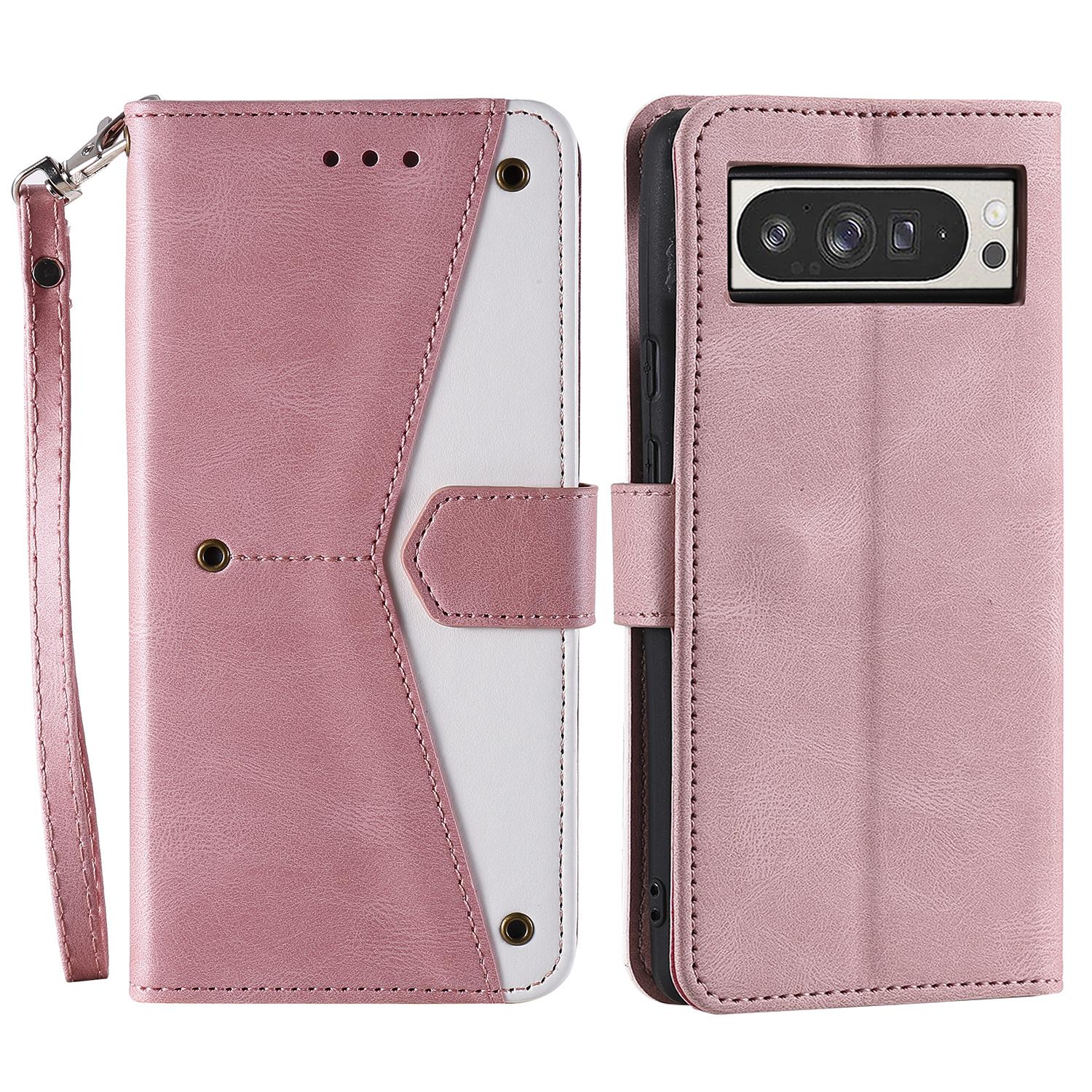 

For Google Pixel 10 Pro XL Leather Case Splicing Stitching Wallet Phone Cover with Wrist Strap Rose Gold