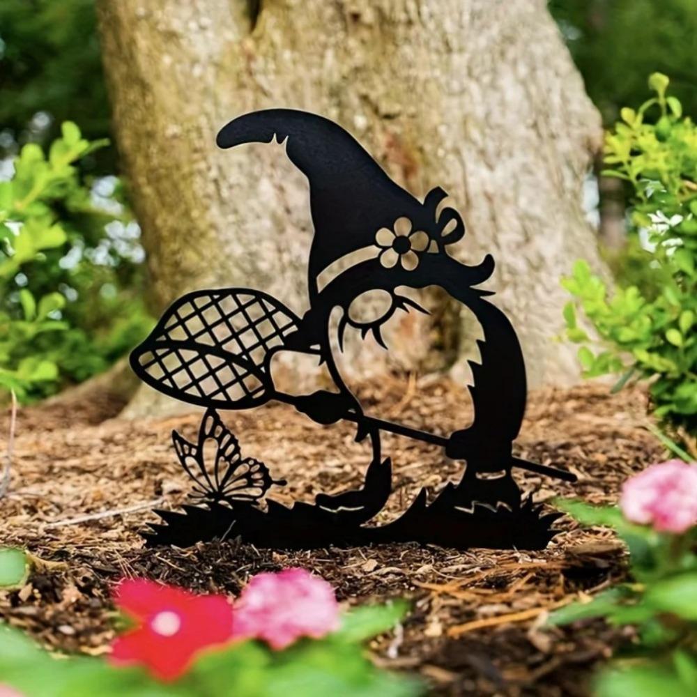 Metal Garden Gnome with Santa Figure Outdoor Yard Art Lawn Decoration Stake
