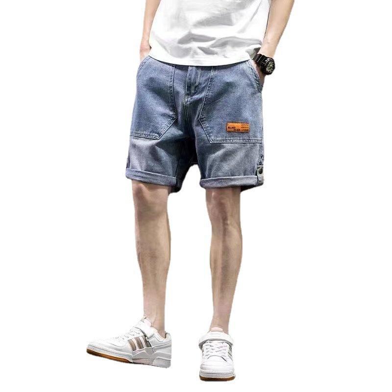 Jeansshorts Herren Trendige Lockere Fünf-Punkt-Hose Lässig Große Größe Elastischer Bund Loch Koreanische Version Oberbekleidung Mittellange Hose