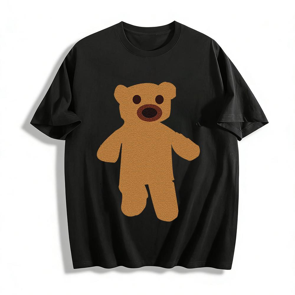 Cute Plush Bear Print Casual T-shirt Unisex Loose Comfortable Daily Versatile Crewneck Top Pure cotton T-shirt