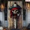 Halloweenowy Piracki Baner na Drzwi, Czaszka z Piszczelami Czerwona Bandana, Poliestrowy Baner Wiszący na Imprezę Halloweenową Wystrój Ściany Domu