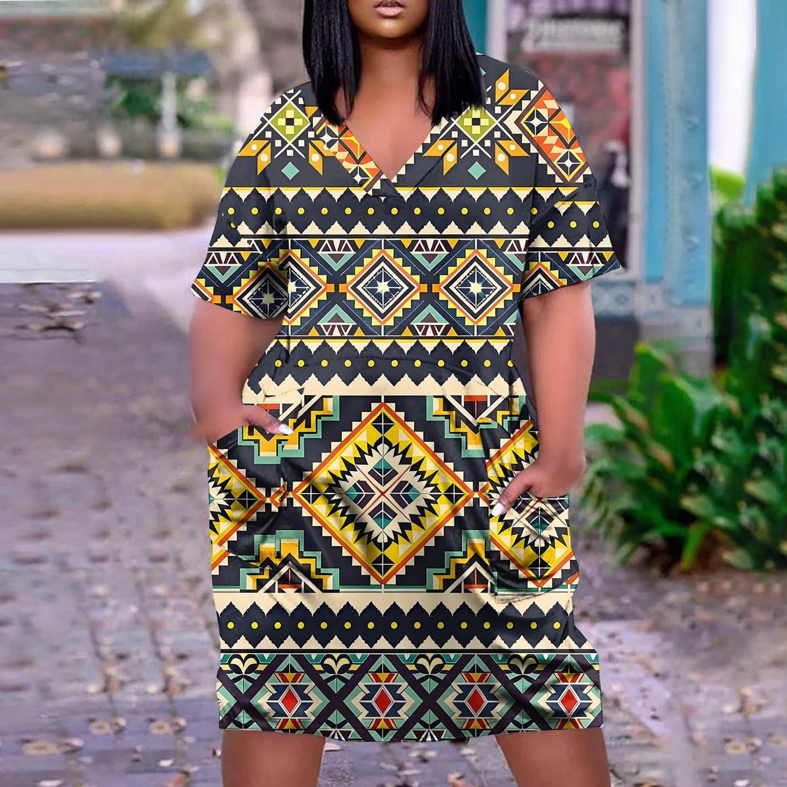 

Лето плюс размер V-образным вырезом с коротким рукавом и карманом до колена с градиентным принтом повседневное платье для женщин XXXXL тёмно-синий