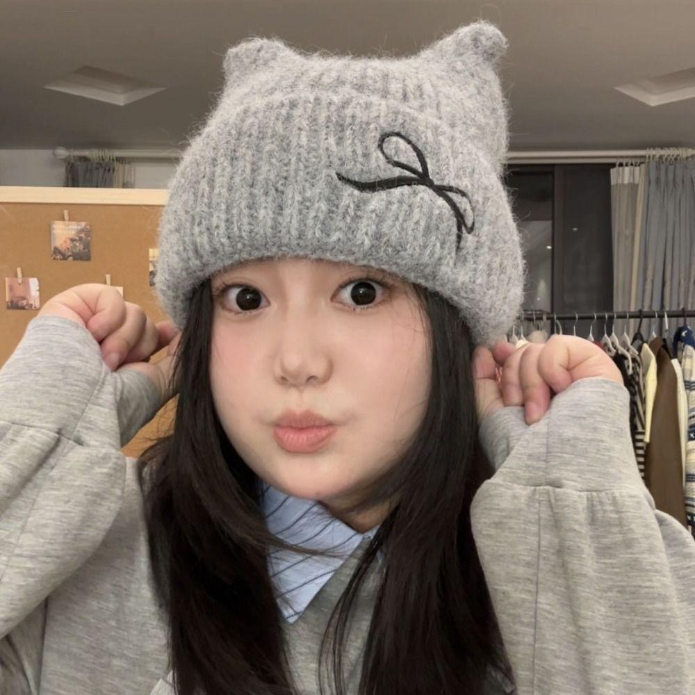 Solid Color Cat Ear Beanie Thickened Knitted Skullies Soft Knitted Woolen Hat  Autumn