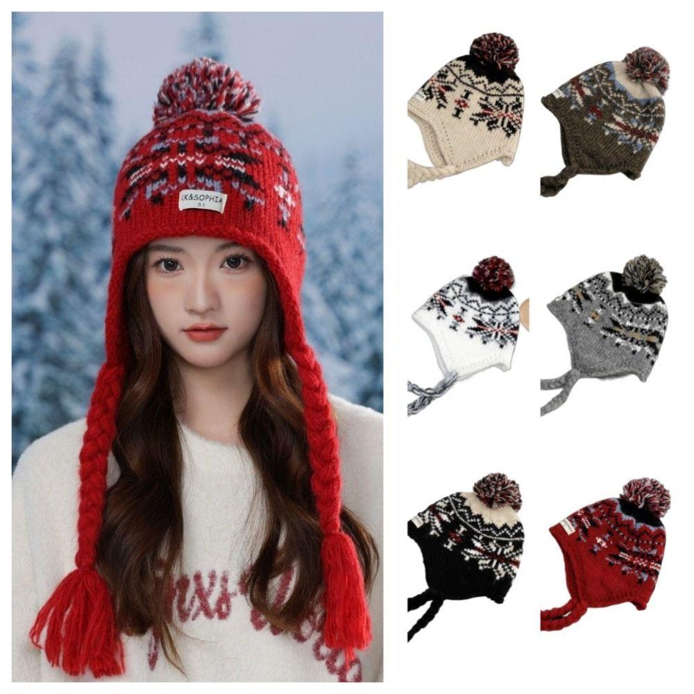 Weave Knitted Beanies Caps Jacquard Women Wool Cap Cute Ear Protection Cap Autumn Winter