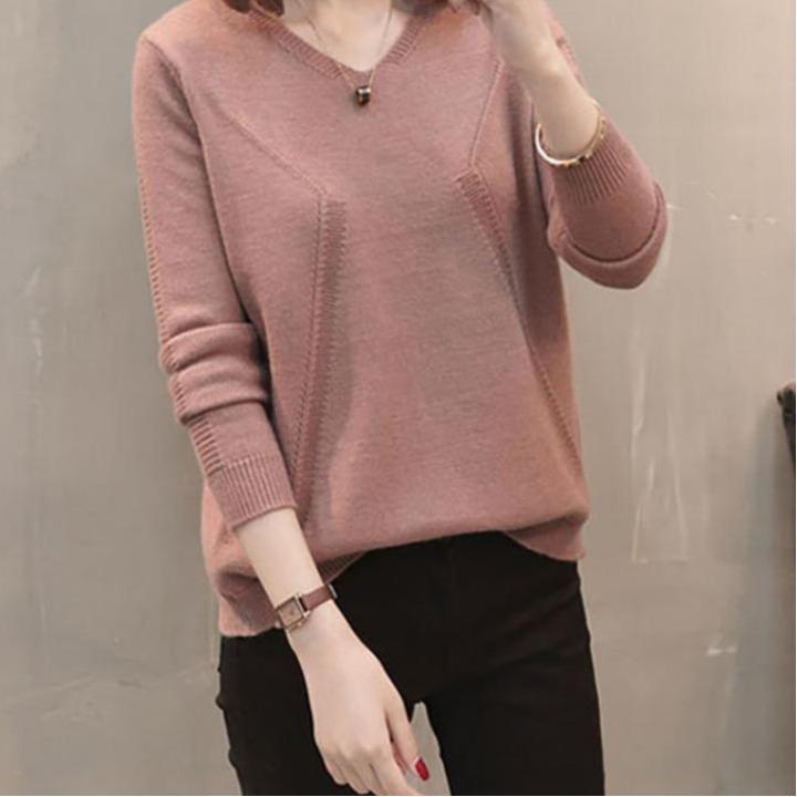 V-neck pullover sweater women's back butto stylish slimming knitted sweater solid color base outerwear Sweaters women’s