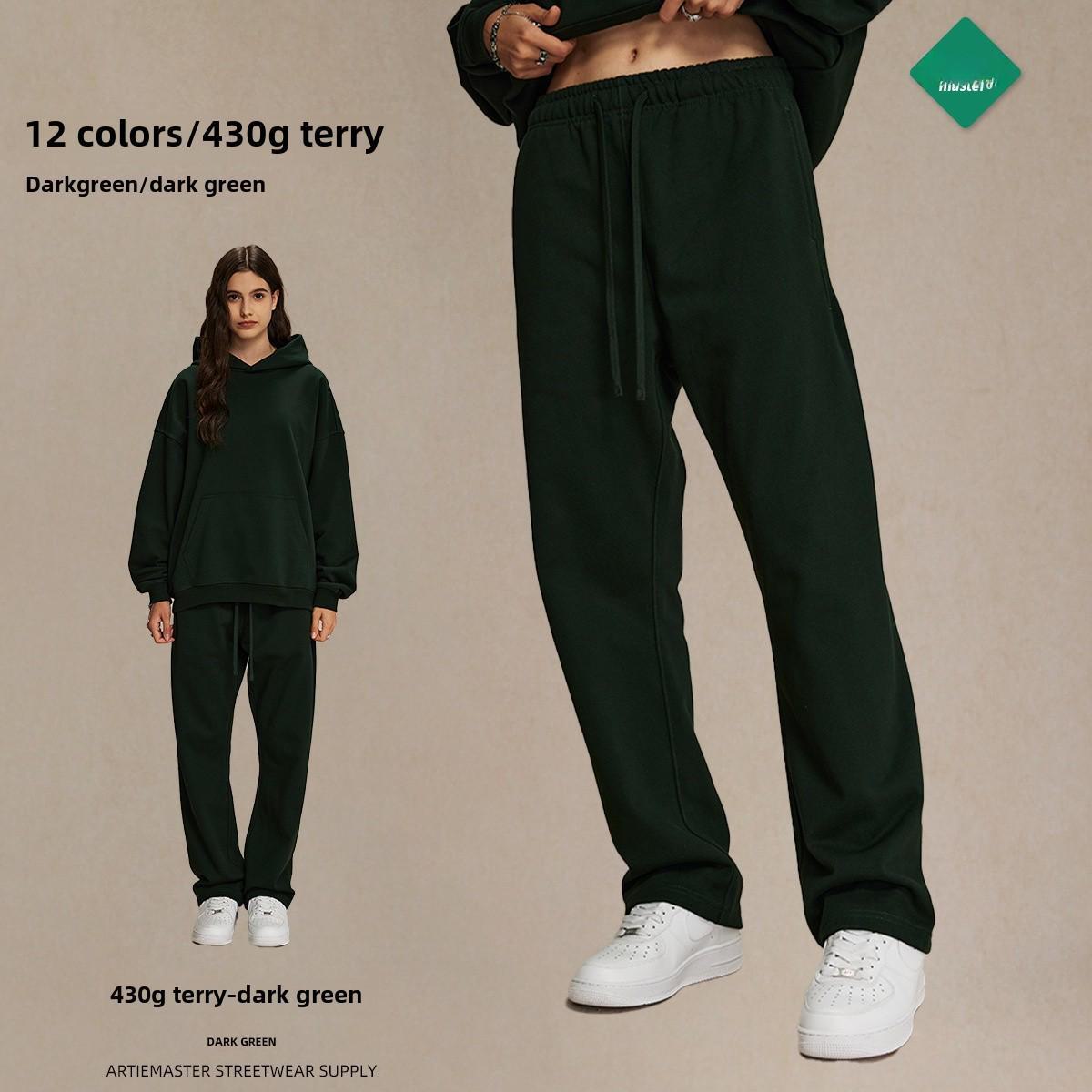 

2024 Осень/Зима Унисекс Свободные однотонные махровые брюки - Повседневные и спортивные, 430 г L темно-зеленого