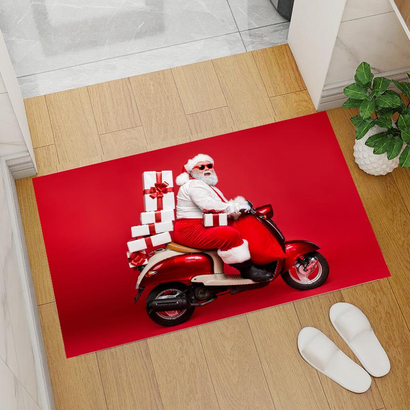 Red Coral Fleece Christmas Floor Mat with Santa Claus and Tree Design