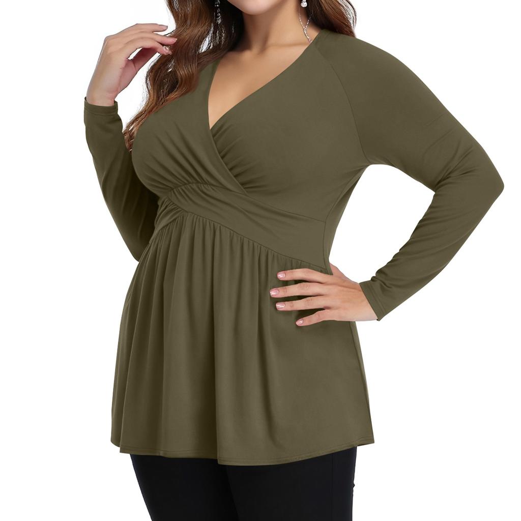 Women's Plus Size Shirt Long Sleeve Solid Color Top Pleated Casual V-Neck Top
