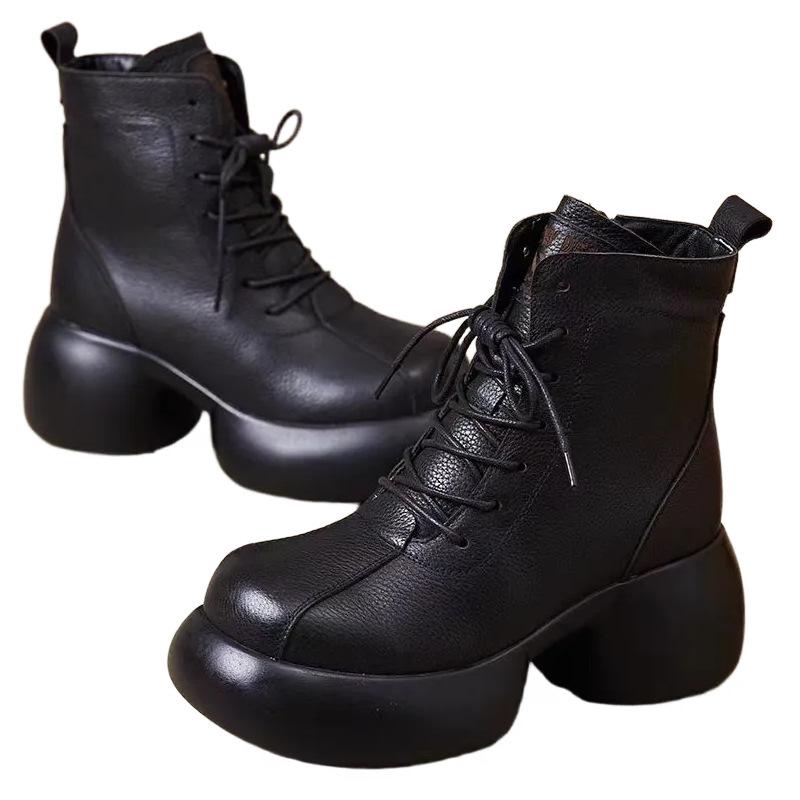 Retro soft leather platform single boots women's 2025 autumn and winter new short fashion boots British Martin boots thick heel women's boots
