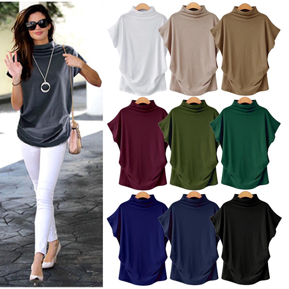 Plus Size Women's Solid Batwing Sleeve T-Shirt - Half-High Collar, Loose Fit, Polyester-Cotton Blend, Short-Sleeve