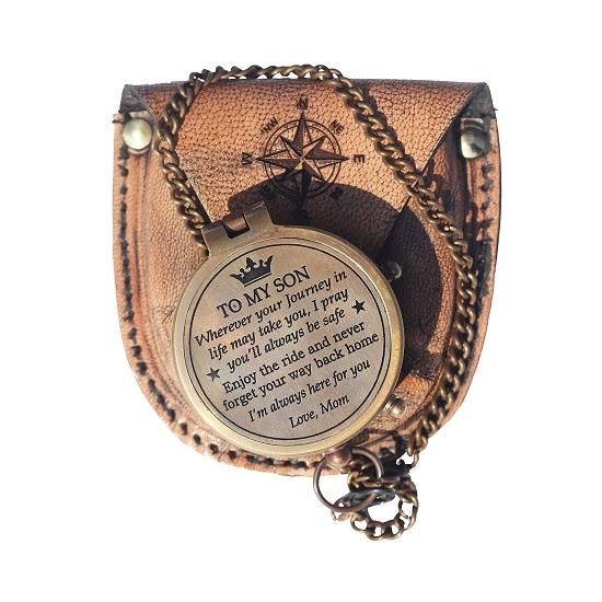 

Латунний компас для чоловіків, кишеньковий компас зі шкіряним чохлом, релігійна ідея подарунка ручної роботи, Причастя, Хрещення (моєму сину, з любов ю мама)