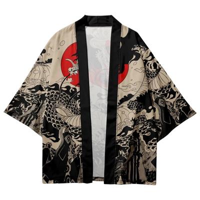 Vintage Wave Carp Print Shirt Traditional Haori Cosplay Kimono Women Men Harajuku Japanese Fashion Cardigan
