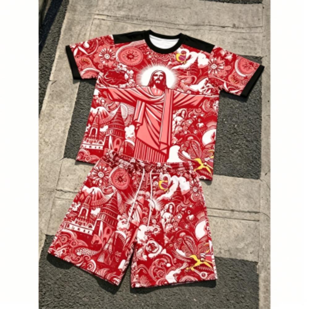 Fashion JESUS Printing Outdoor Street Men's T-shirt and Shorts 2 Piece Set Summer Casual Outfit Men's and Women's Sports Set