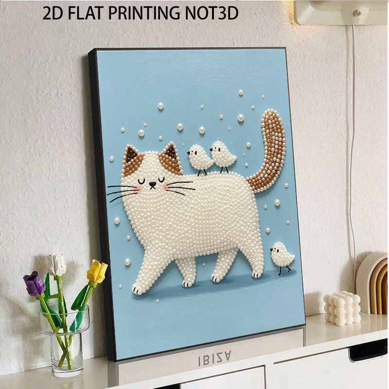 Easy DIY Framed Pearl Bead Painting Kit with Cute Cat and Little Birds 3D Sparkling Canvas Art for Home Decoration Gift Idea for Craft Fans
