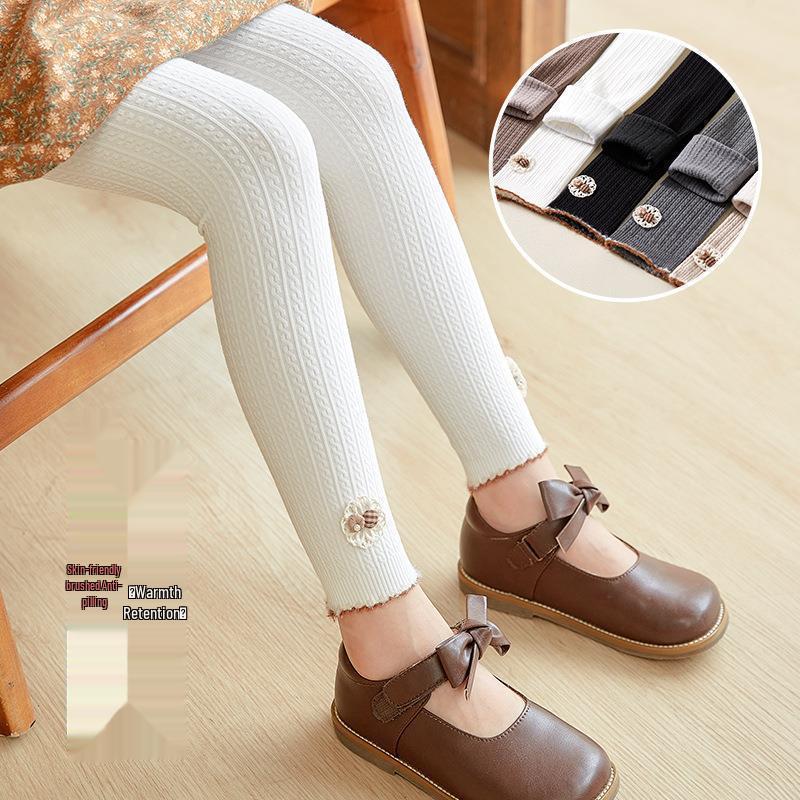 Girls' Fleece Lined Cable Knit Button Flower Tights - Nine-Point Length for Spring, Autumn, and Winter Wear