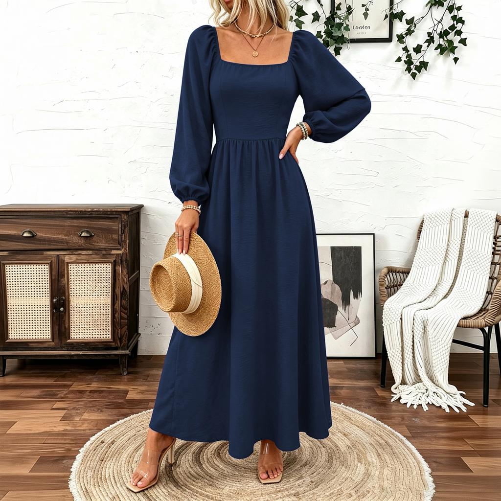 Women's Bohemian Color Square Neck Sleeve Flattering Long Dress