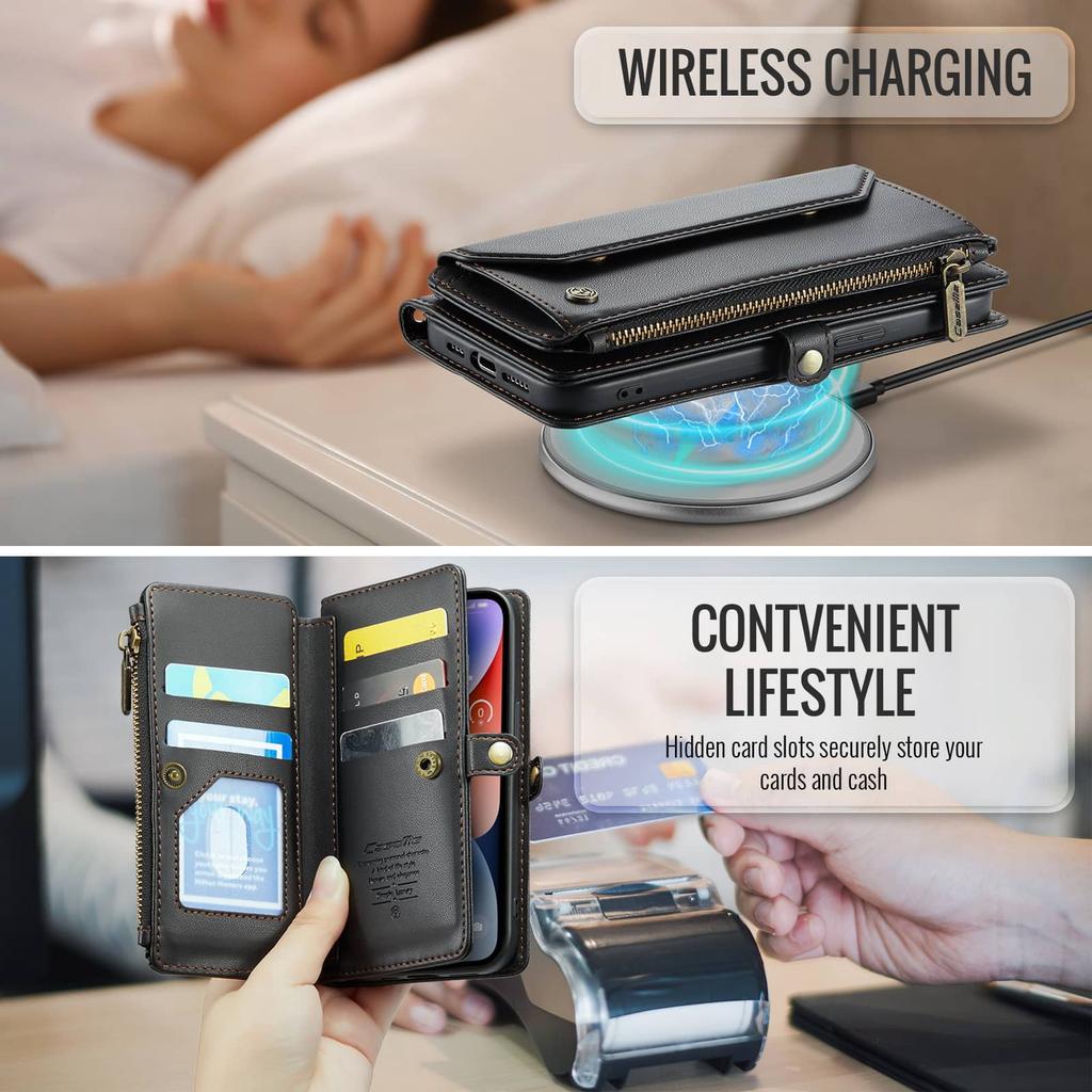 Crossbody for iPhone 14 Case Wallet RFID Blocking with 7-Card Holder Zipper Bills Slot, Soft PU Leather Magnetic Shoulder Wrist Strap