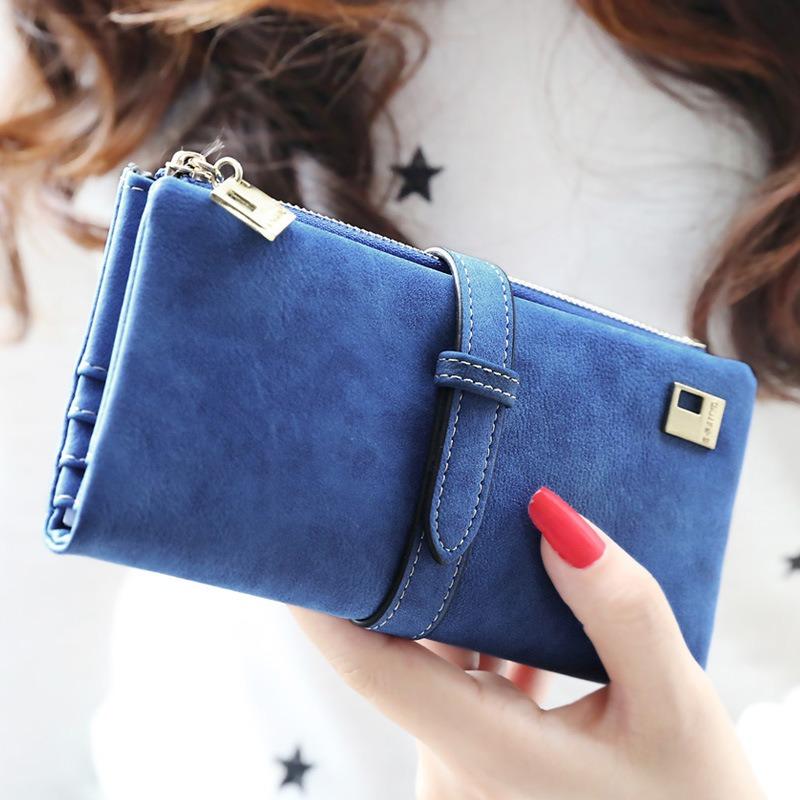 Женский кошелек, винтажный однотонный длинный нубук, матовая кожа, зажим для денег, клатч, брендовые дизайнерские кошельки, кошелек