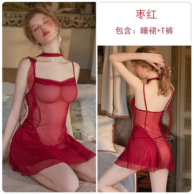 Sex underwear soft mesh perspective temptation flower streamer decoration sexy women's pajamas set