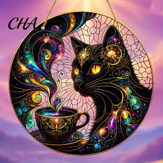 Stained Glass Cat Ornament Style Black And Magic Coffee Cup Hanging for Window Wall Modern Bedroom Decor, Acrylic Sun Catcher Art Decor with