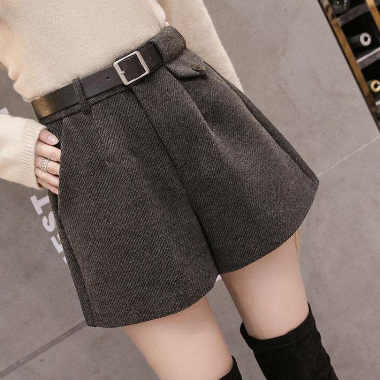 Women s High Waist Tweed Wide Leg Pants Casual Thick Slim Shorts S