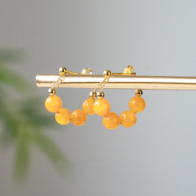 Natural Beeswax Chinese-Style Sterling Silver Yellow Amber Hoop Earrings