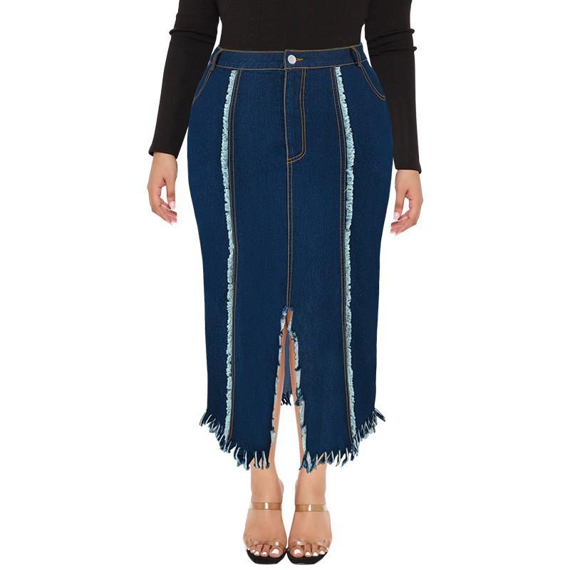 Plus Size Denim Skirt Women Long Flowy A-Line With Fringe Detail Streetwear Midi Maxi 1XL 2XL 3XL 4XL 5XL