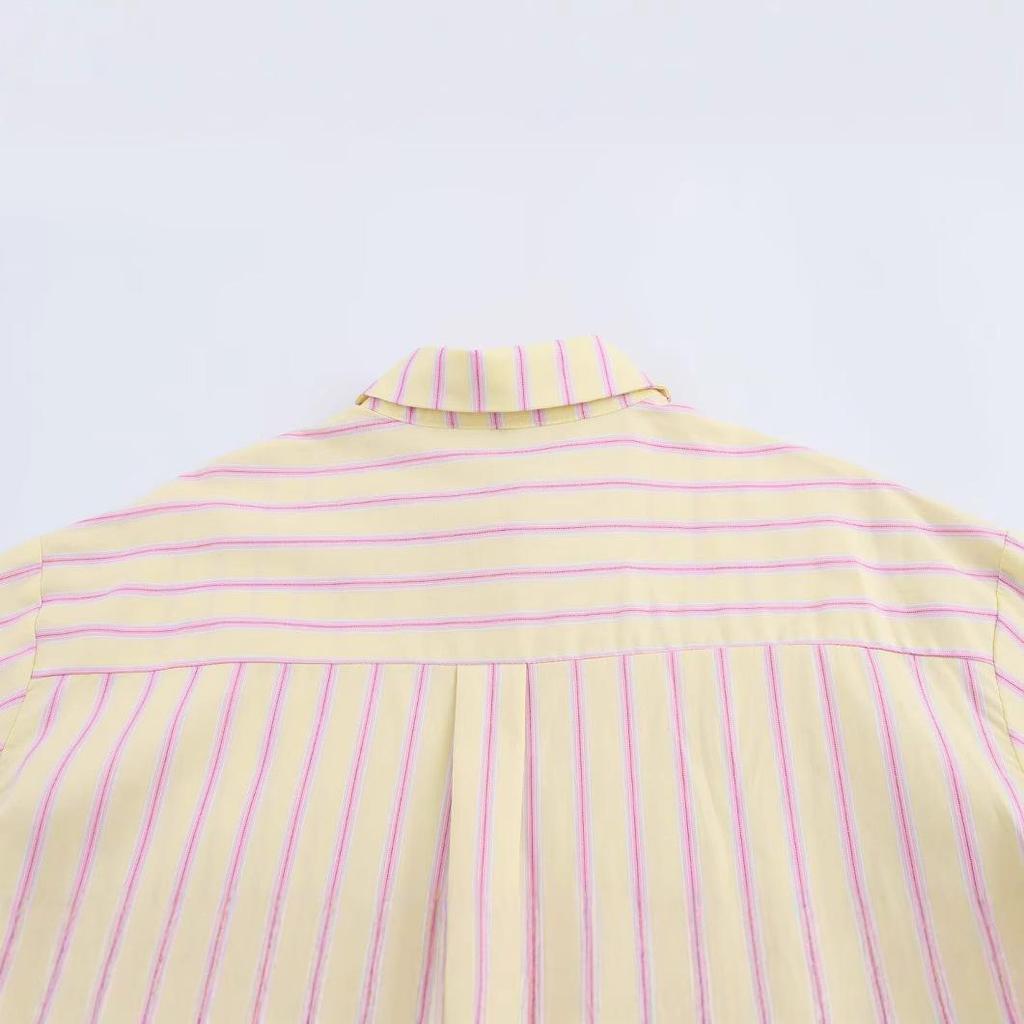2025 Spring Women's Fashionable European & American Style Loose All-Cotton Striped Long-Sleeve Shirt