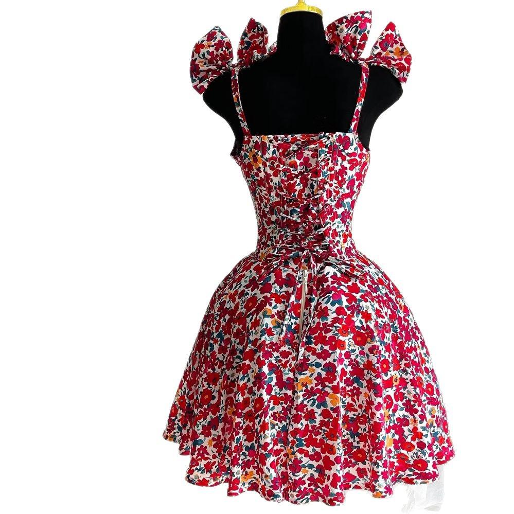 Spring 2025 Elegant Floral A-line Dress with Bow and Spaghetti Straps
