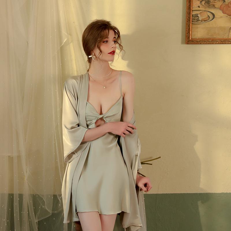 Sexy Pajamas Women's Spring and Summer Ice Silk Suspender Nightgown Two-piece Set Pure Desire Style Nightdress New Loungewear Available