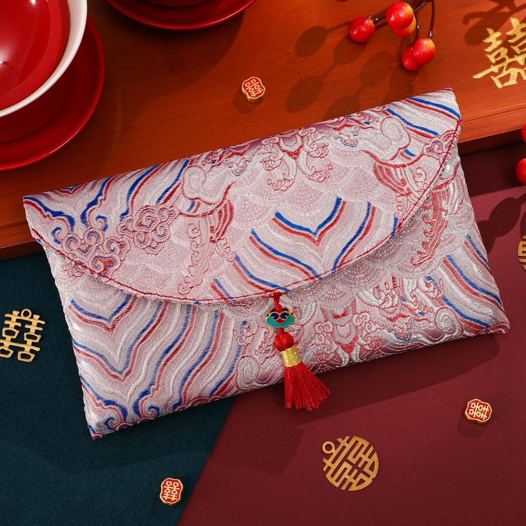 2 Pcs Brocade Embroidery Fabric Wedding Red Envelope Money Pocket Hongbao New Year's Blessing Bag Chinese Spring Festival Bags