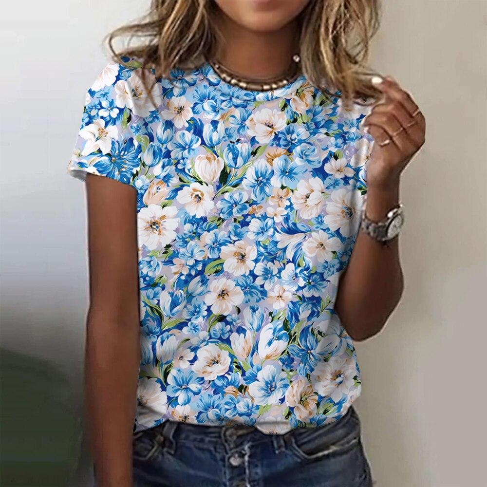 Summer Round Neck 3D Flower Pattern Printed Top Fashionable Casual Short Sleeved Women's T-shirts